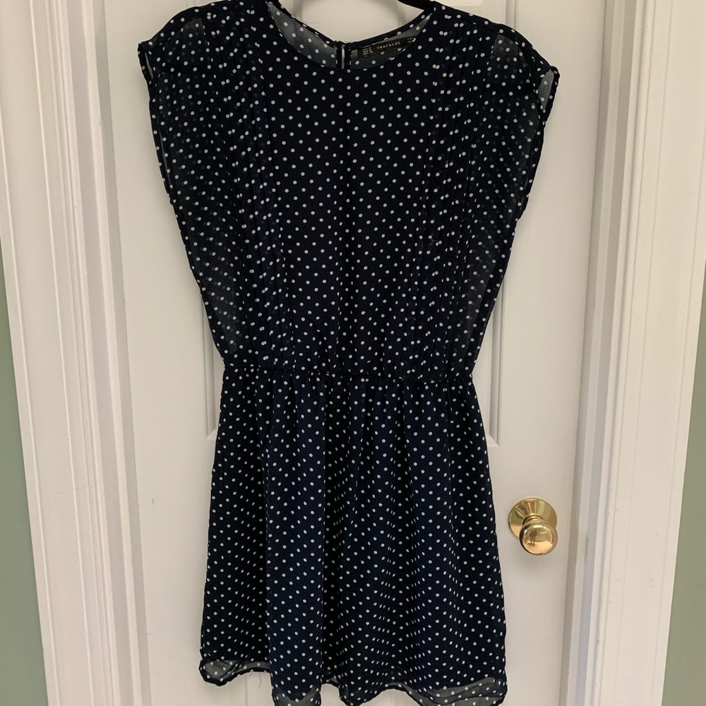 Zara Navy Blue White Polka Dot Pleated Dress